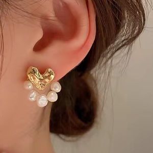 14K Gold Heart Faux Pearl Earrings